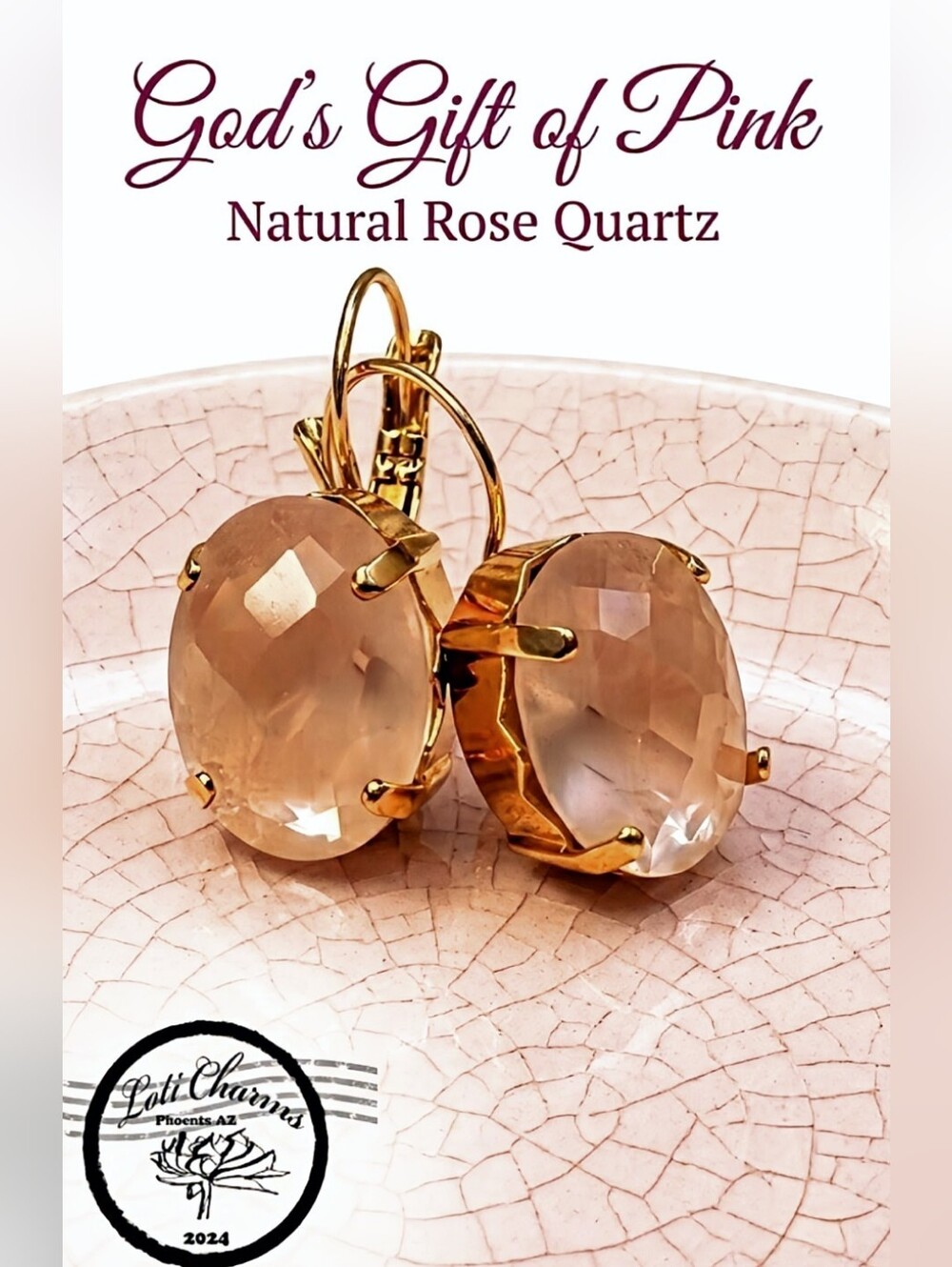 All Natural Rose Quartz, Large In 18K Gold Plated Classic Earrings